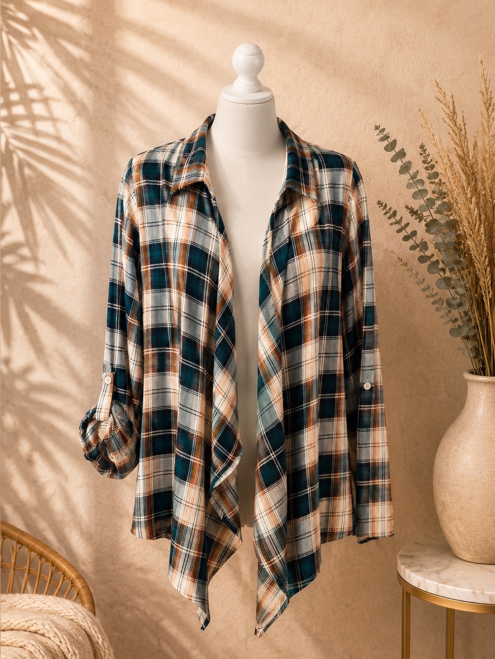 Papermoon Cream & Blue Plaid Crochet Open Front Top
